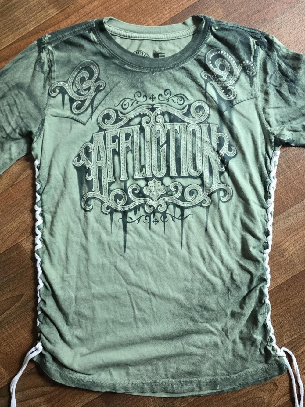 Affliction Olive Green Womans  Graphic Tee with Side Lacing